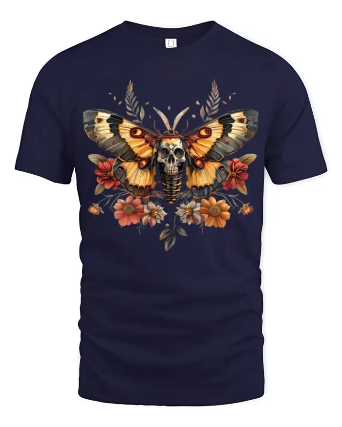 Vintage Skull Moth and Autumn Floral Art Tee for Unique Style Lovers - navy t-shirt on white background