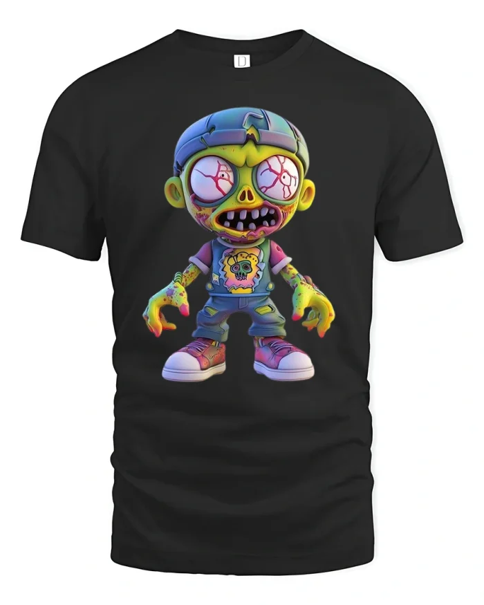 Neon Zombie Kid Cartoon Graphic Tee for Fun Streetwear Style - black t-shirt on white background
