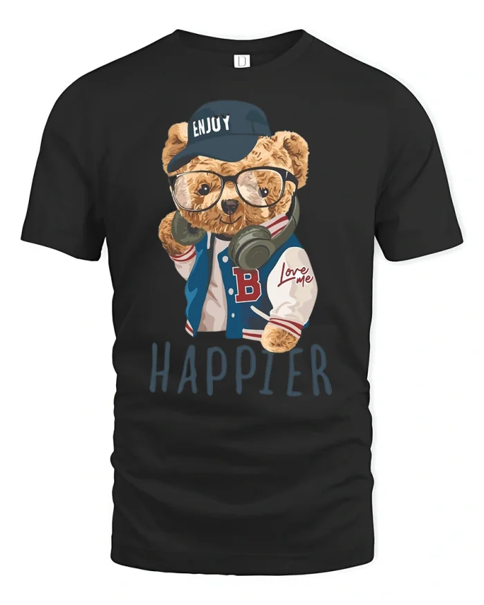 Cool Varsity Bear Cartoon Graphic Tee for Happier Streetwear - black t-shirt on white background