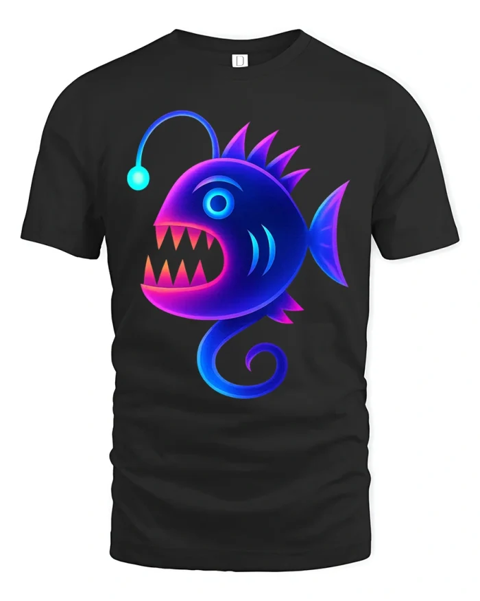 Neon Anglerfish Deep Sea Cartoon Tee for Cool Ocean Lovers - black t-shirt on white background