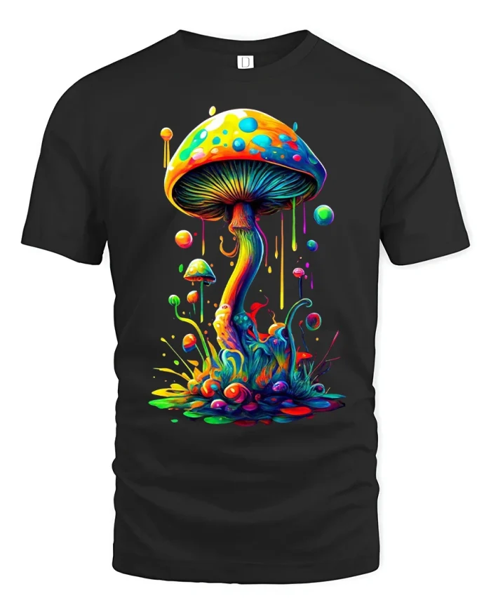 Psychedelic Rainbow Mushroom Art Tee for Colorful Streetwear - black t-shirt on white background