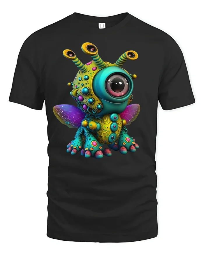 Colorful Cute Alien Monster Graphic Tee for Fun Sci-Fi Style - black t-shirt on white background
