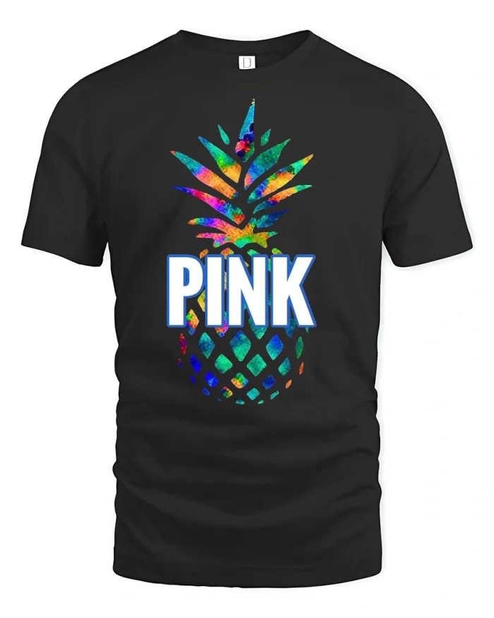 Colorful Pineapple PINK Graphic Tee for Fun Tropical Style - black t-shirt on white background