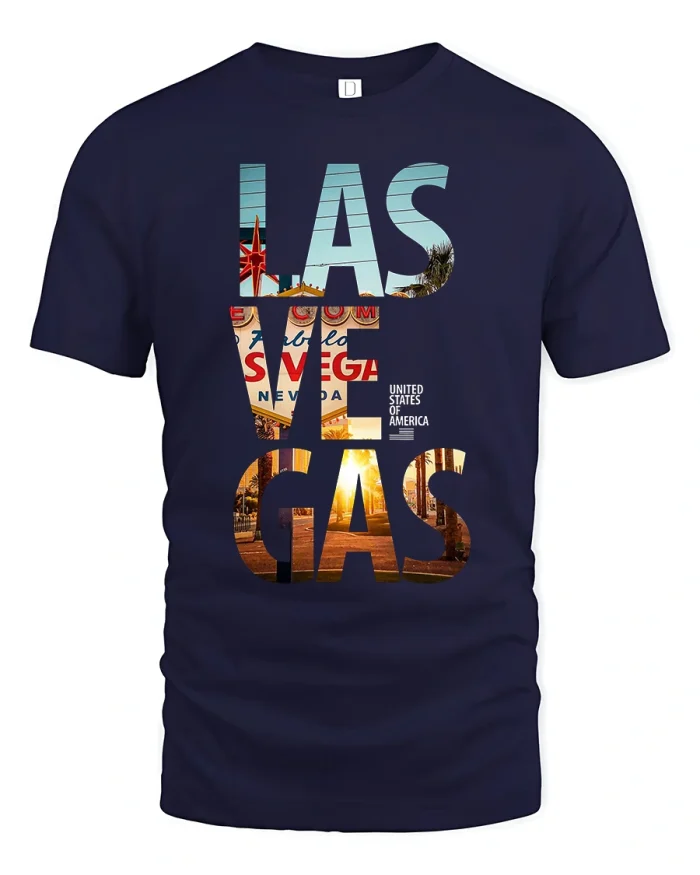 Las Vegas City Photo Graphic Tee for Trendy Travel Style - navy t-shirt on white background