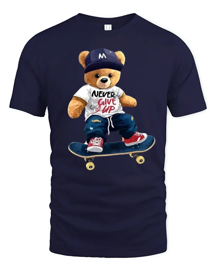 Skateboarding Bear Never Give Up Graphic Tee for Cool Style - navy t-shirt on white background
