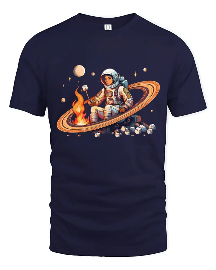 Astronaut Saturn Campfire Graphic Tee for Fun Space Lovers - navy t-shirt on white background