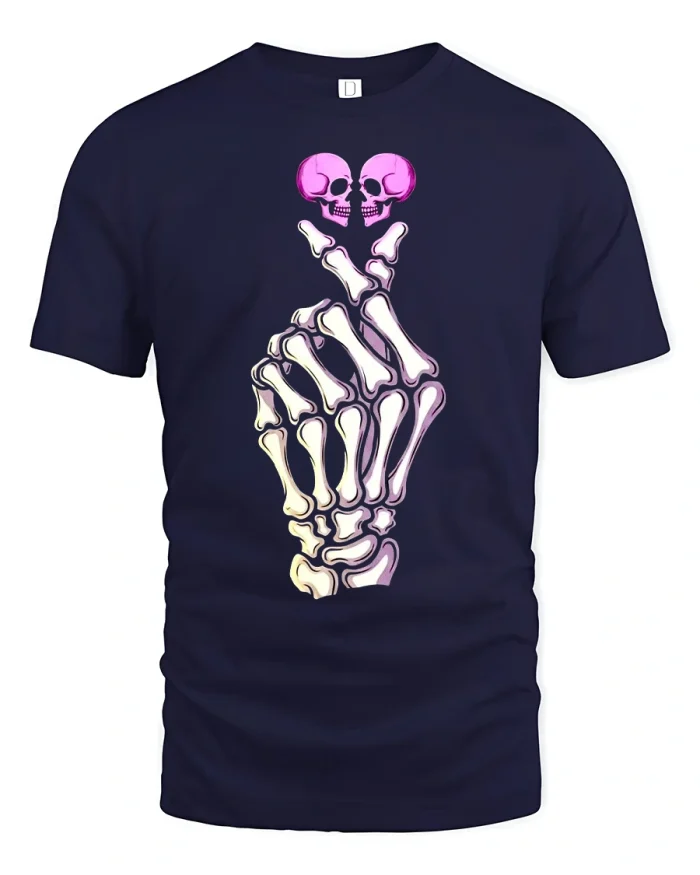 Skeleton Hand Skull Duo Graphic Tee for Cool Gothic Style - navy t-shirt on white background