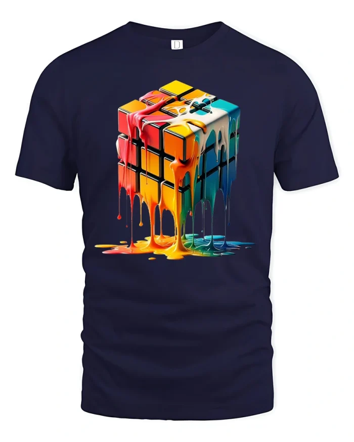 Melting Rainbow Puzzle Cube Graphic Tee for Creative Style - navy t-shirt on white background