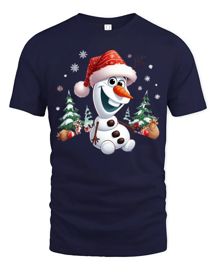 Cute Christmas Snowman Graphic Tee for Fun Holiday Style - navy t-shirt on white background