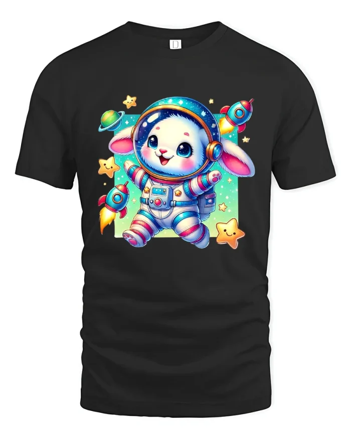 Cute Astronaut Bunny T-Shirt - Space Adventure Graphic Tee - black t-shirt on white background