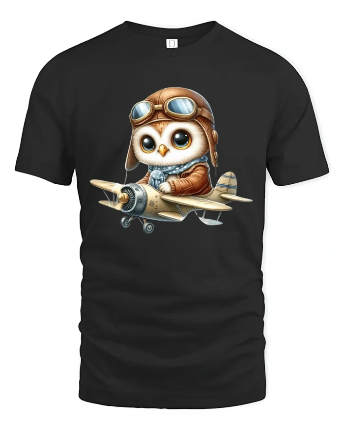 Aviator Owl T-Shirt - Cute Pilot Owl Airplane Graphic Tee - black t-shirt on white background