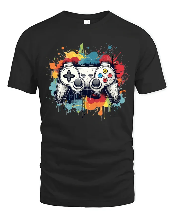Gamer Controller T-Shirt - Color Splash Gaming Graphic Tee - black t-shirt on white background