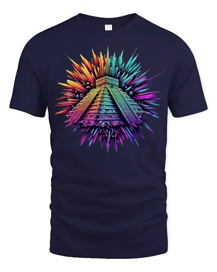 Psychedelic Pyramid T-Shirt - Vibrant Color Explosion Tee - navy t-shirt on white background