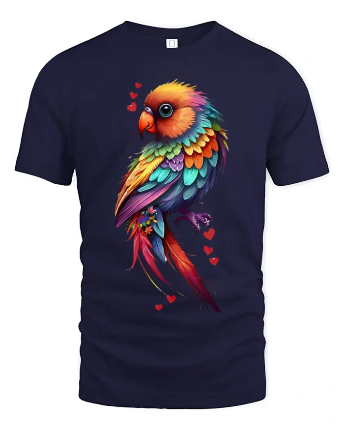 Colorful Parrot T-Shirt - Tropical Lovebird Art Graphic Tee - navy t-shirt on white background