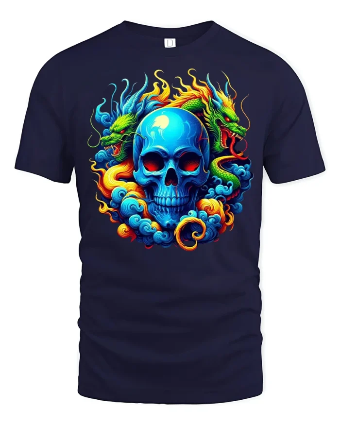 Blue Skull Dragon T-Shirt - Fiery Mythic Warrior Graphic Tee - navy t-shirt on white background