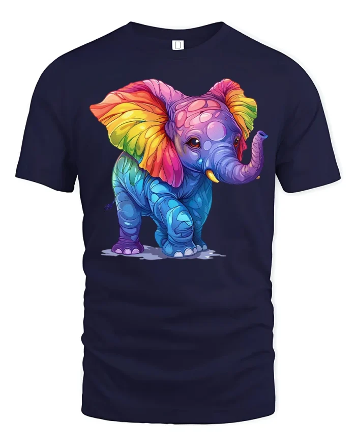 Rainbow Elephant T-Shirt - Cute Colorful Baby Animal Tee - navy t-shirt on white background