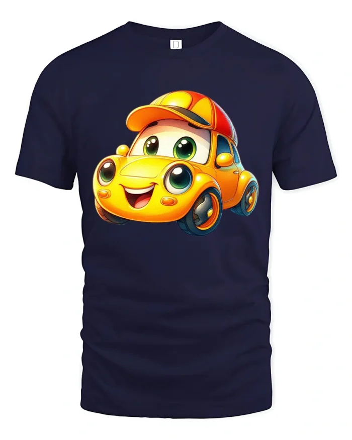 Cute Cartoon Car T-Shirt - Smiling Yellow Auto Graphic Tee - navy t-shirt on white background