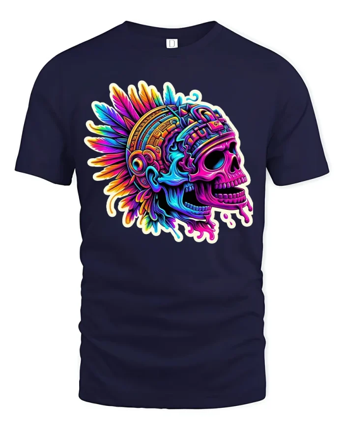 Tribal Skull T-Shirt - Colorful Aztec Warrior Art Graphic Tee - navy t-shirt on white background
