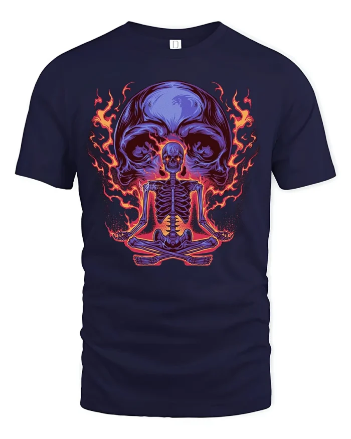 Meditating Skeleton T-Shirt - Flaming Skull Energy Tee - navy t-shirt on white background