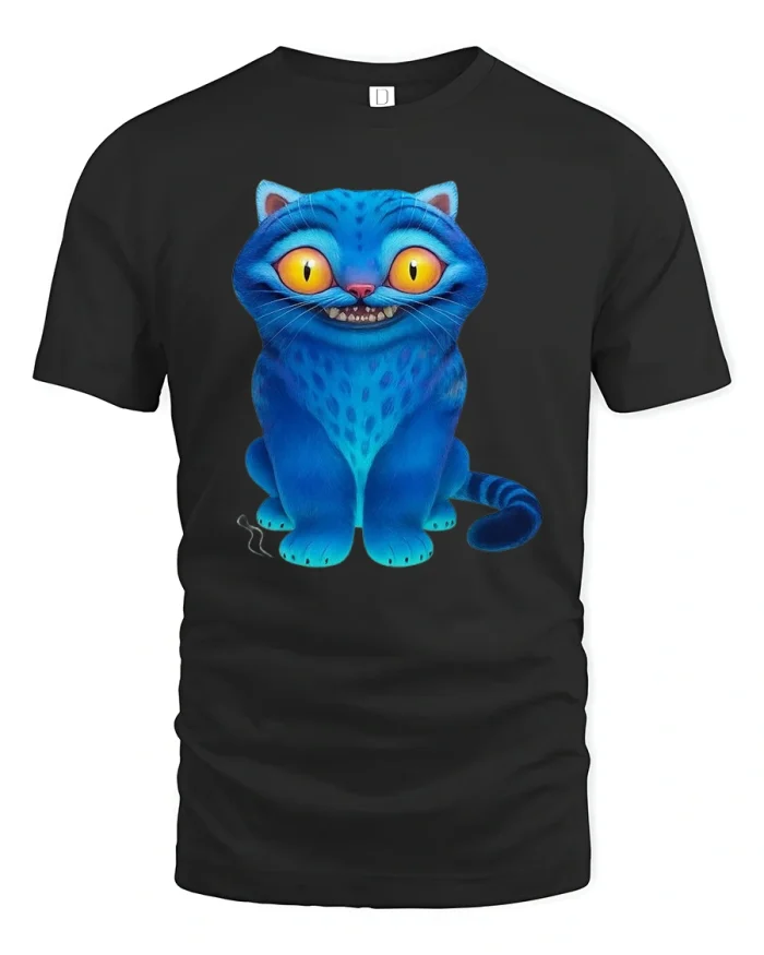 Mischievous Blue Cat Graphic Tee for Fun Colorful Style - black t-shirt on white background