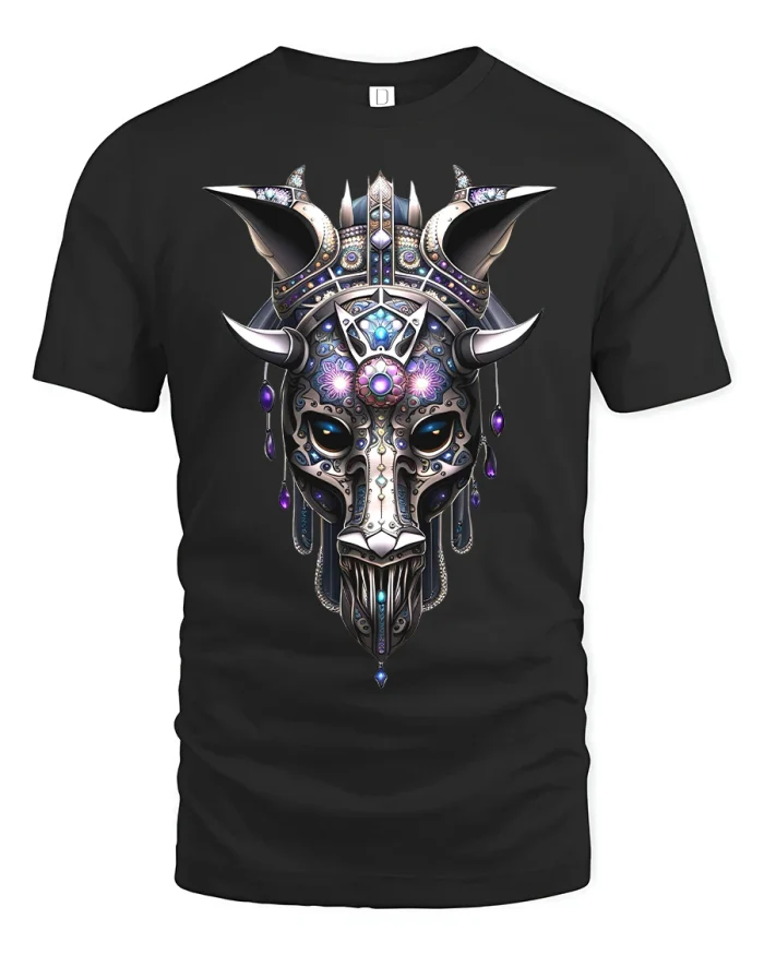 Mystic Tribal Bull Skull Art Tee for Stylish Bold Spirits - black t-shirt on white background