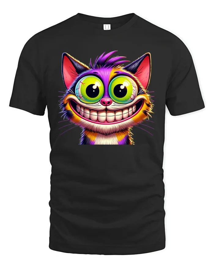 Goofy Big-Eyed Cartoon Cat Tee for Fun Vibrant Style Lovers - black t-shirt on white background