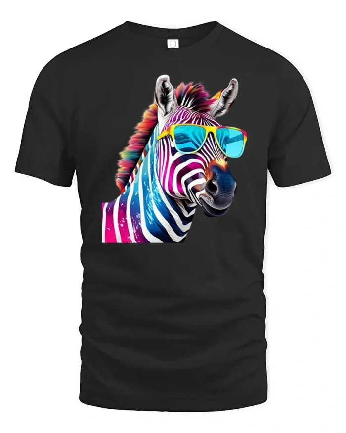 Colorful Cool Zebra Graphic Tee with Neon Sunglasses Style - black t-shirt on white background