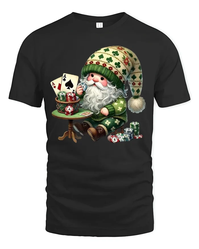 Lucky Poker Gnome Tee for Card Players and Casino Lovers - black t-shirt on white background