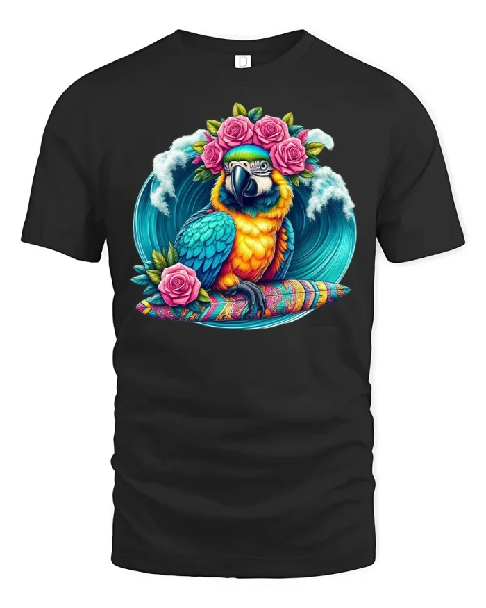 Tropical Surf Parrot Tee with Floral Crown Beach Vibes - black t-shirt on white background
