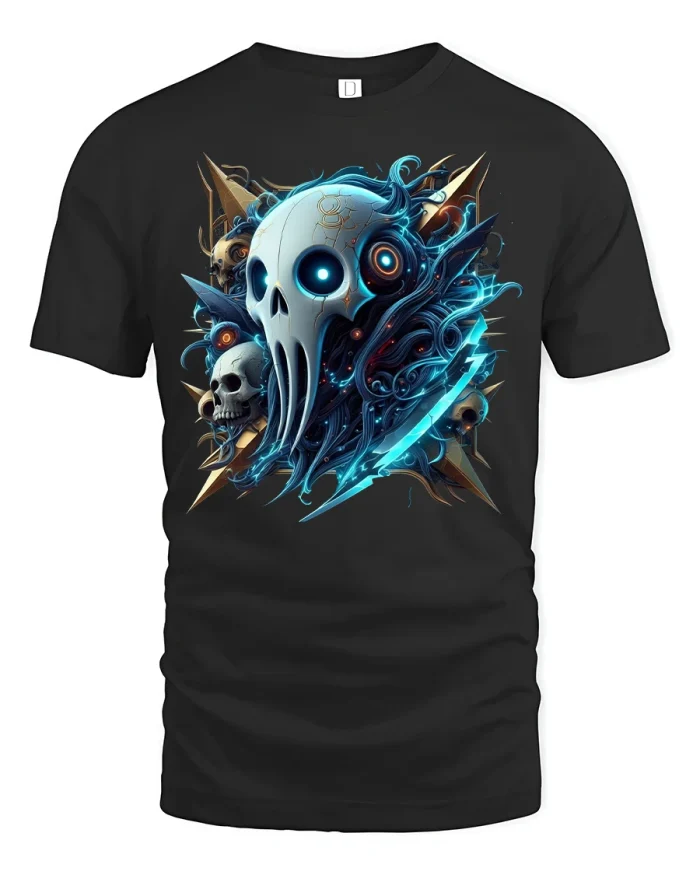 Neon Reaper Skull Warrior Tee with Futuristic Dark Art Style - black t-shirt on white background