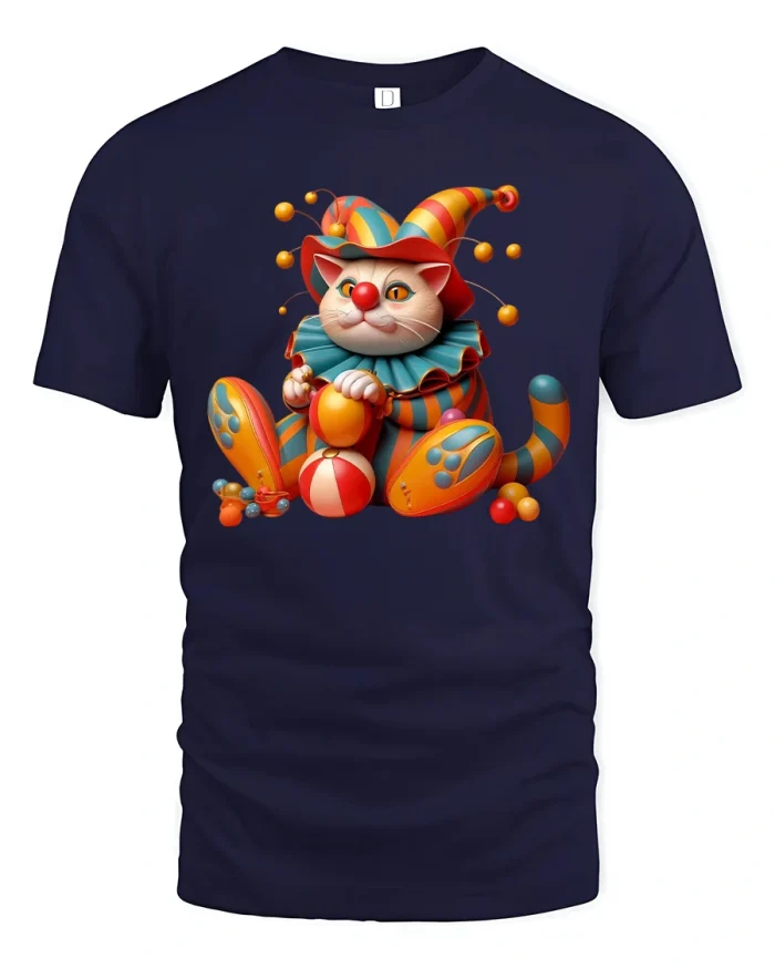 Funny Clown Cat Tee with Colorful Jester Costume Graphic - navy t-shirt on white background