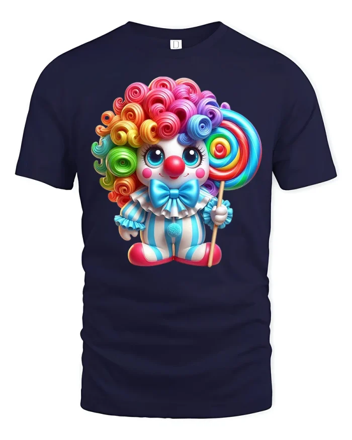 Colorful Candy Clown Tee with Cute Rainbow Lollipop Art - navy t-shirt on white background
