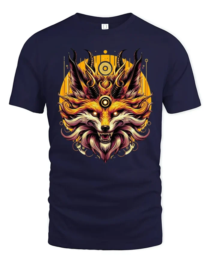 Mystic Demon Fox Tee with Fiery Tribal Spirit Artwork - navy t-shirt on white background