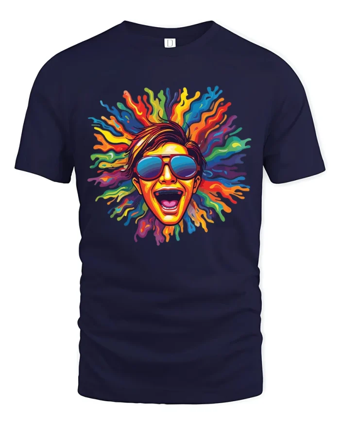 Vibrant Retro Splash Face Art Tee for Bold Style Lovers - navy t-shirt on white background