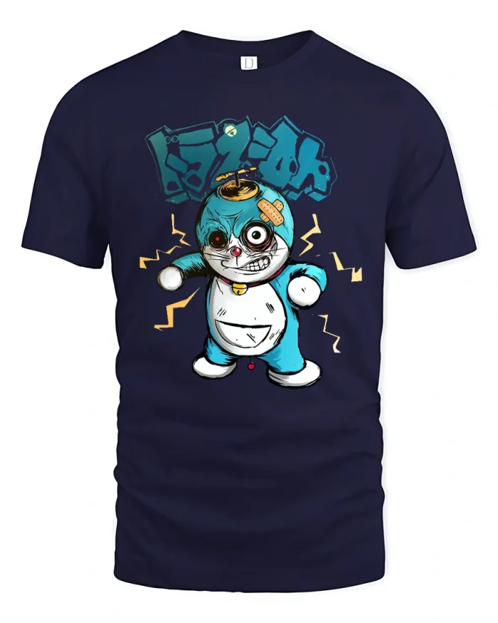 Crazy Robo Cat Rage Mode Funny Cartoon Graphic Tee - navy t-shirt on white background