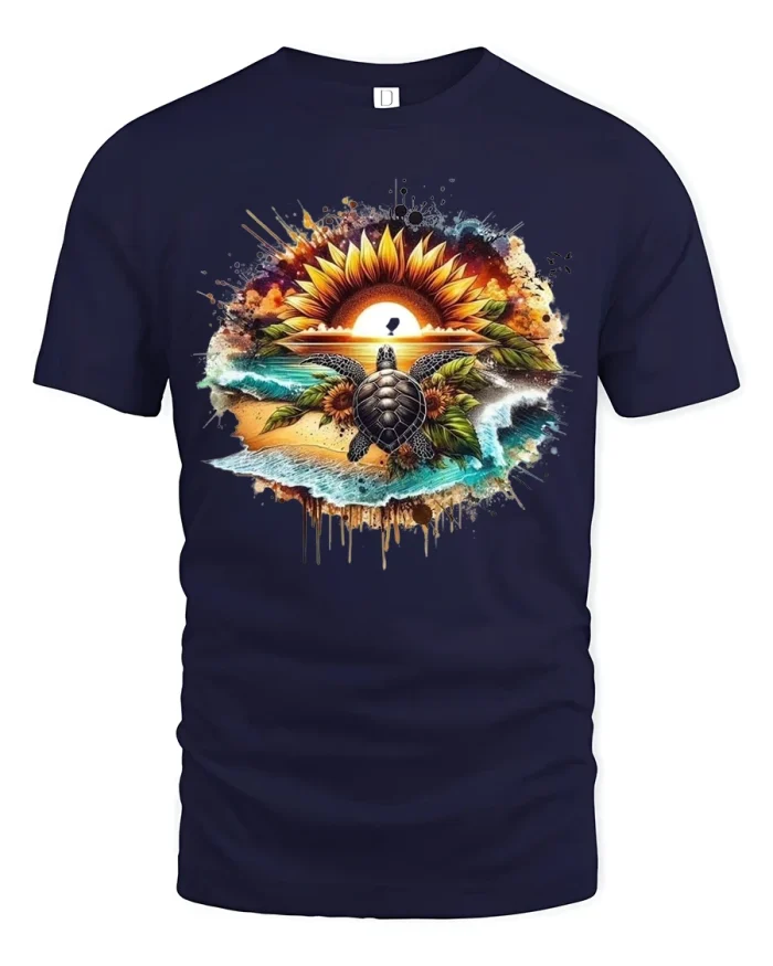Sunrise Turtle Voyage Art Tee with Ocean and Sunflower Design - navy t-shirt on white background
