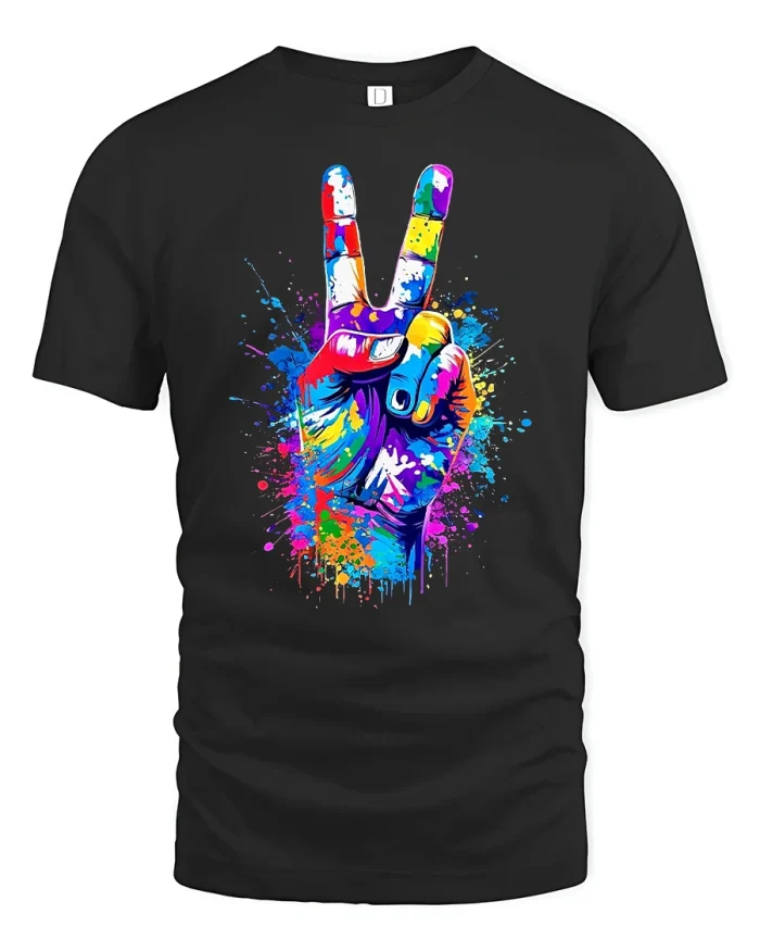 Color Splash Peace Hand Art Vibrant Graphic Unisex Tee - black t-shirt on white background
