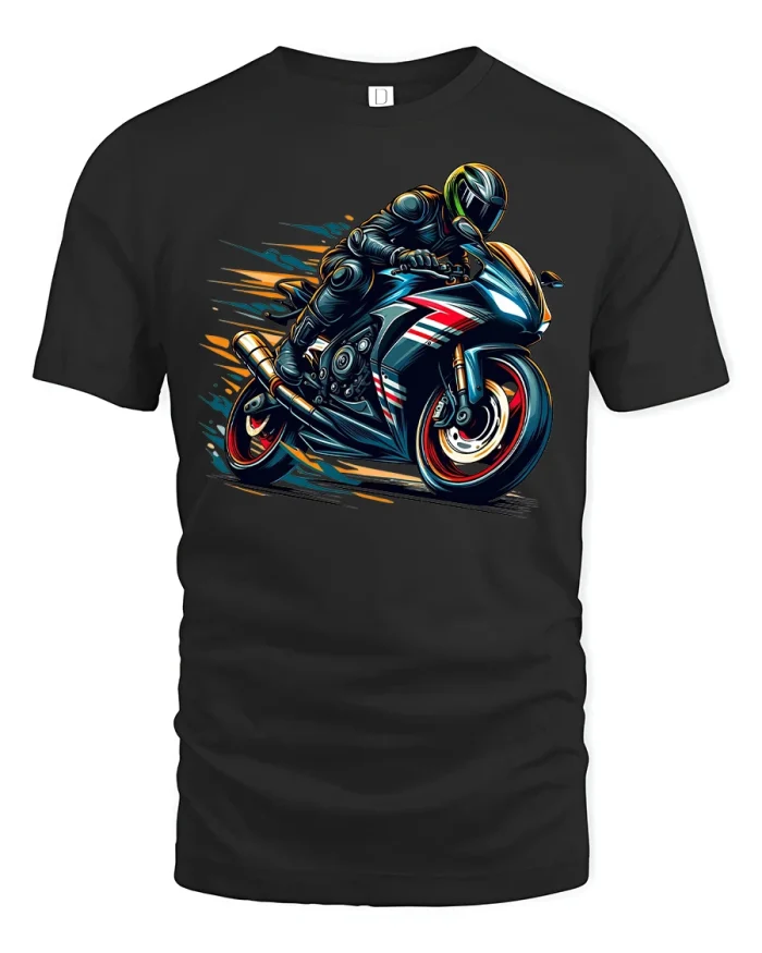 Speed Rider Neon Motorcycle Racing Art Cool Graphic Tee - black t-shirt on white background