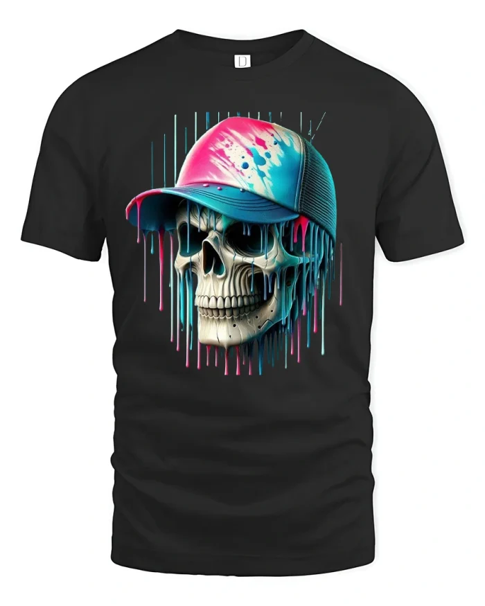 Neon Drip Skull in Cap Cool Street Art Style Graphic Tee - black t-shirt on white background