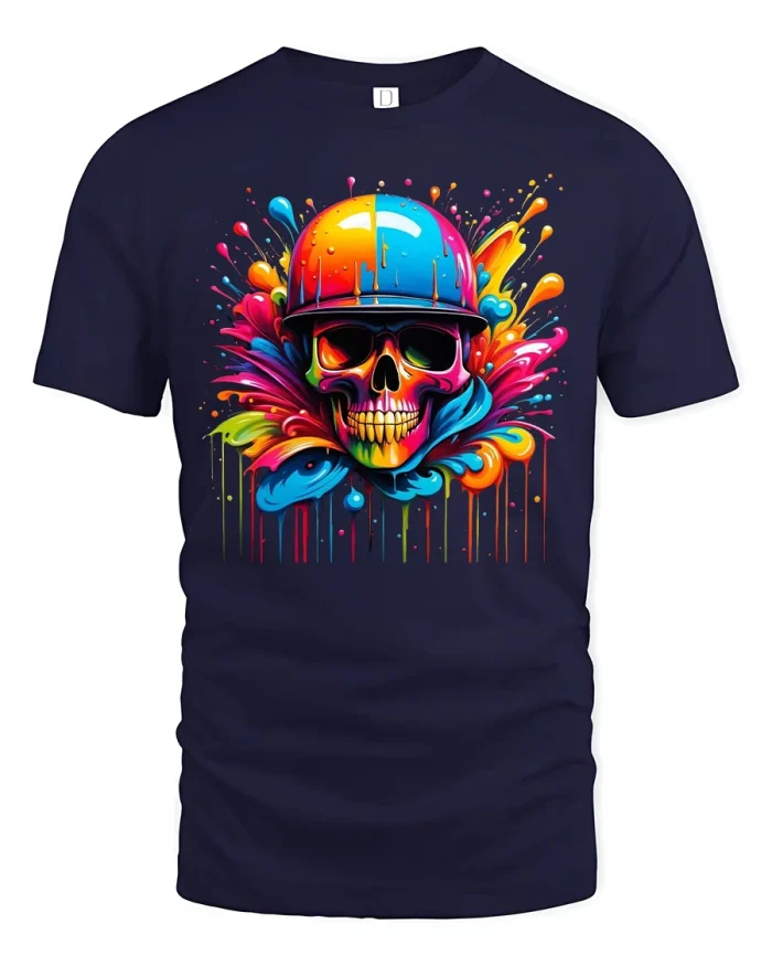 Neon Splash Skull Helmet Vibrant Drip Art Cool Graphic Tee - navy t-shirt on white background