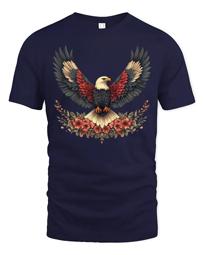Majestic Eagle Floral Wings Artistic Patriotic Graphic Tee - navy t-shirt on white background