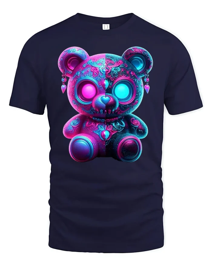 Neon Cyber Teddy Bear Glow Cute Futuristic Art Graphic Tee - navy t-shirt on white background