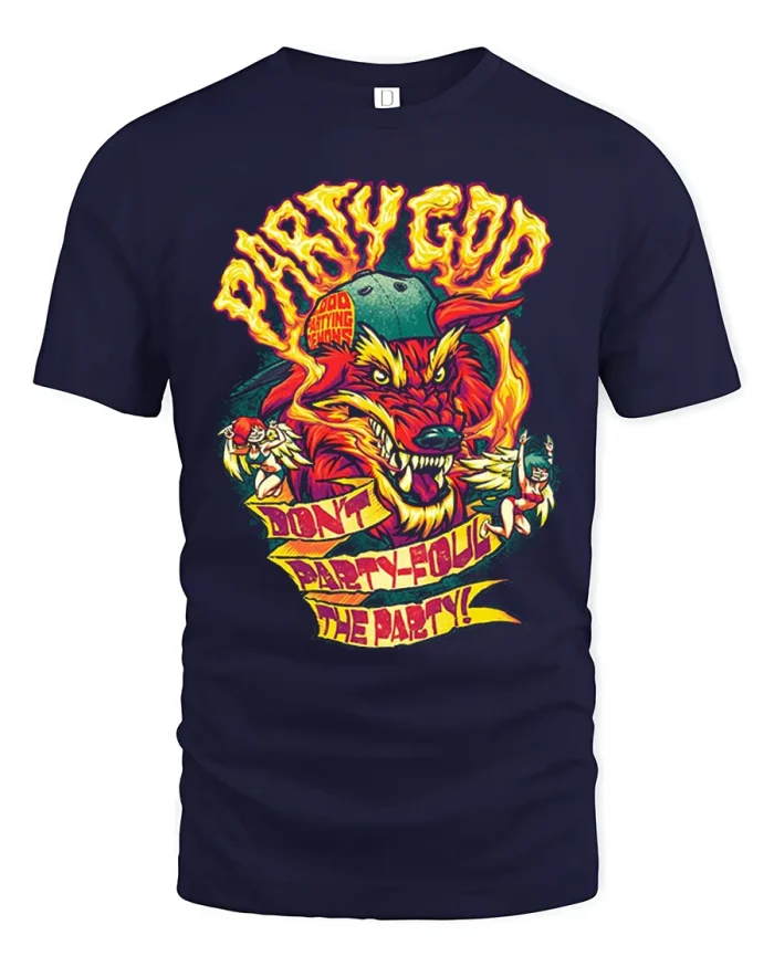 Party God Wild Wolf Funny Retro Comic Style Graphic Tee - navy t-shirt on white background