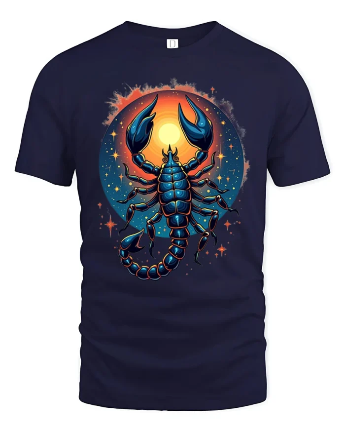 Cosmic Scorpion Sunset Zodiac Art Bold Astrological Tee - navy t-shirt on white background