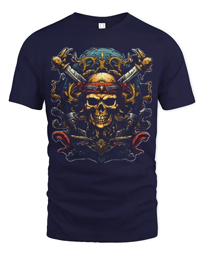 Pirate Skull Captain Swords Vintage Marine Warrior Graphic Tee - navy t-shirt on white background