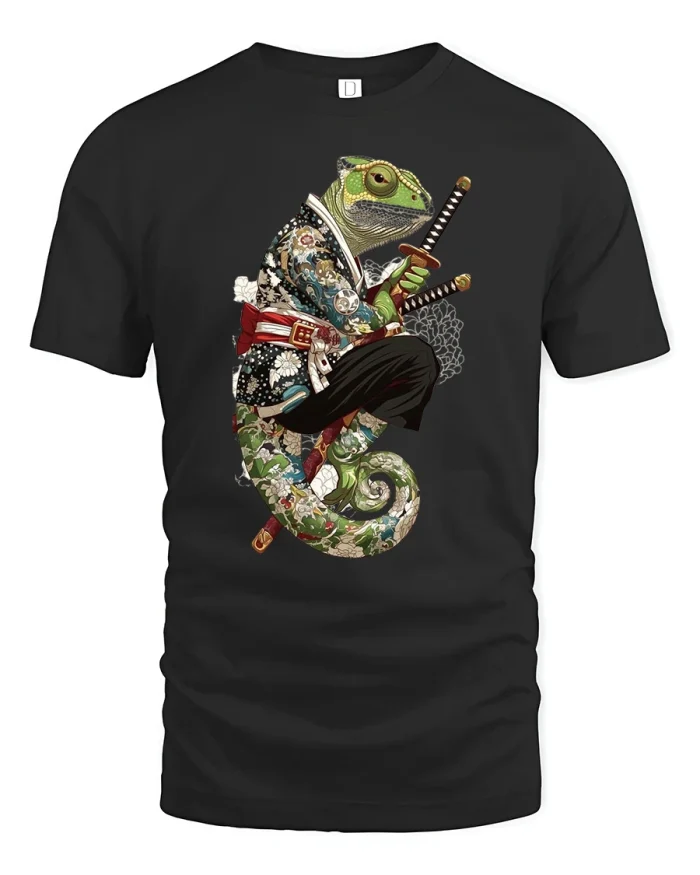 Samurai Chameleon Warrior Art Graphic T-Shirt - black t-shirt on white background