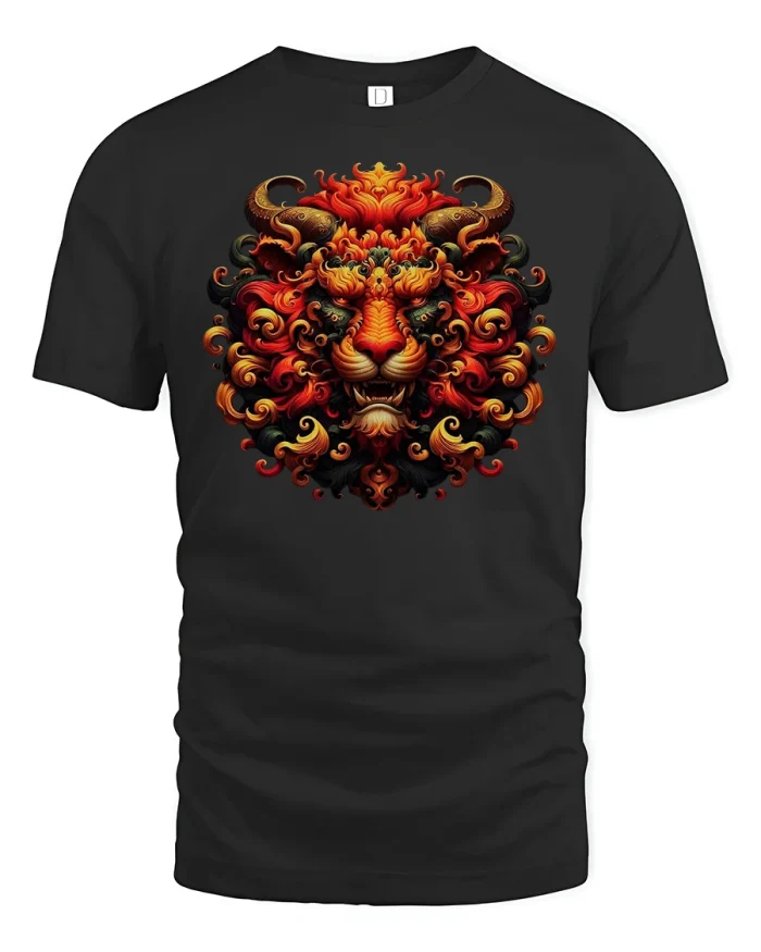 Fiery Lion Head Bold Tribal Flame Art Graphic T-Shirt - black t-shirt on white background