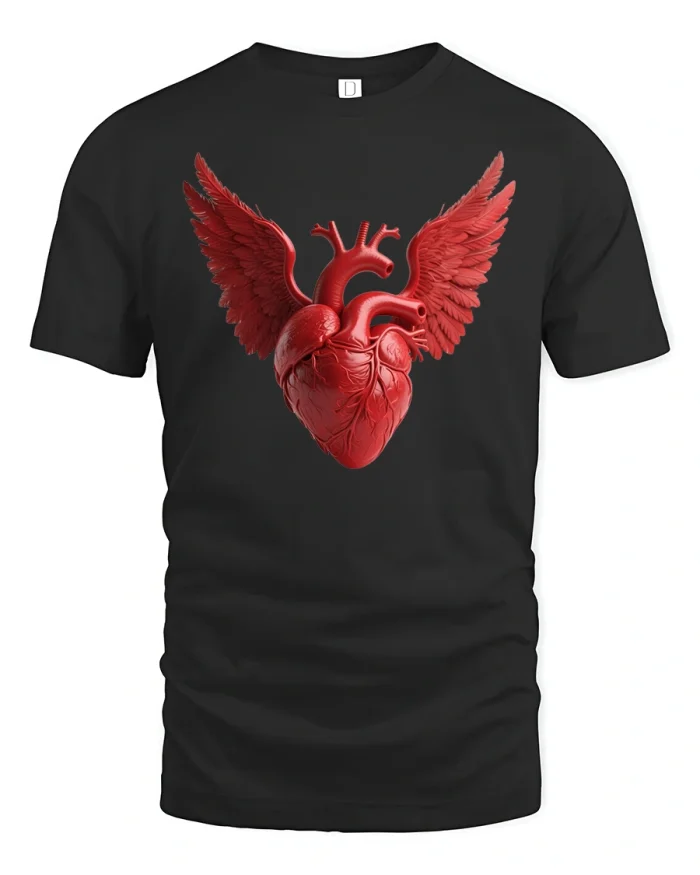 Flying Heart Wings Graphic Art Love Symbol T-Shirt - black t-shirt on white background