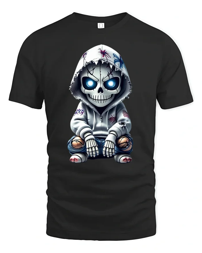 Cool Hooded Skeleton Graphic Art Streetwear T-Shirt - black t-shirt on white background