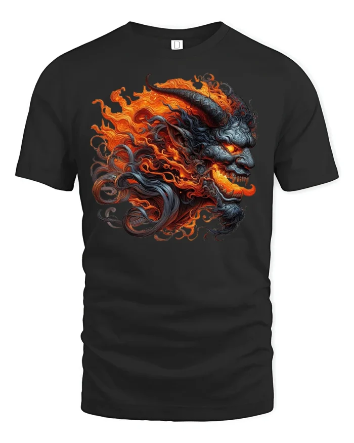 Fire Demon Head Graphic Art Fiery Horror T-Shirt - black t-shirt on white background
